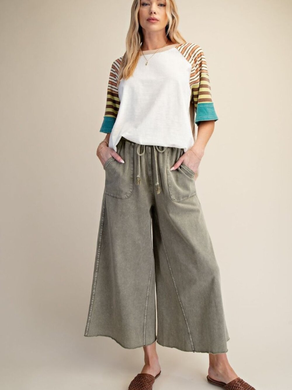 Washed Terry Knit Wide Leg Pants